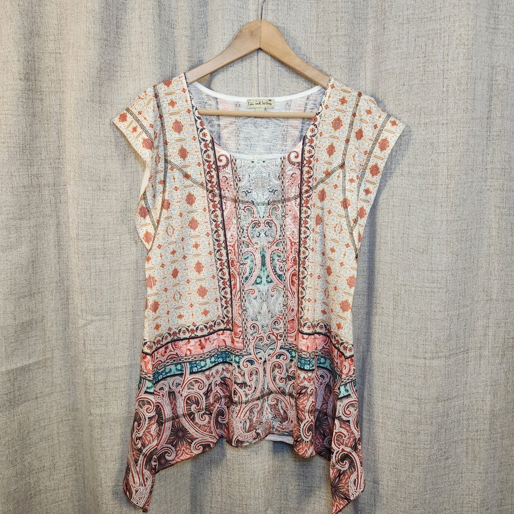 Live And Let Live Asymmetrical Top Women's M Colorful Damask Print Boho Peasant